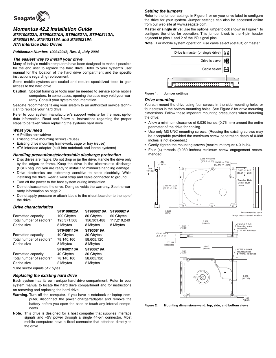 Seagate ST960821A User Manual | 2 pages