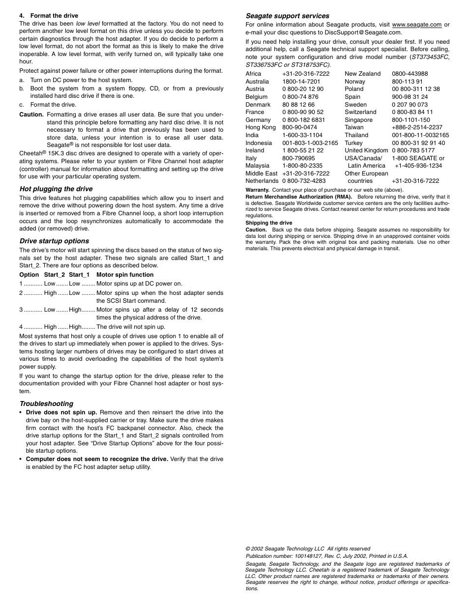 Hot plugging the drive, Drive startup options, Troubleshooting | Seagate support services | Seagate CHEETAH ST318753FC User Manual | Page 2 / 2