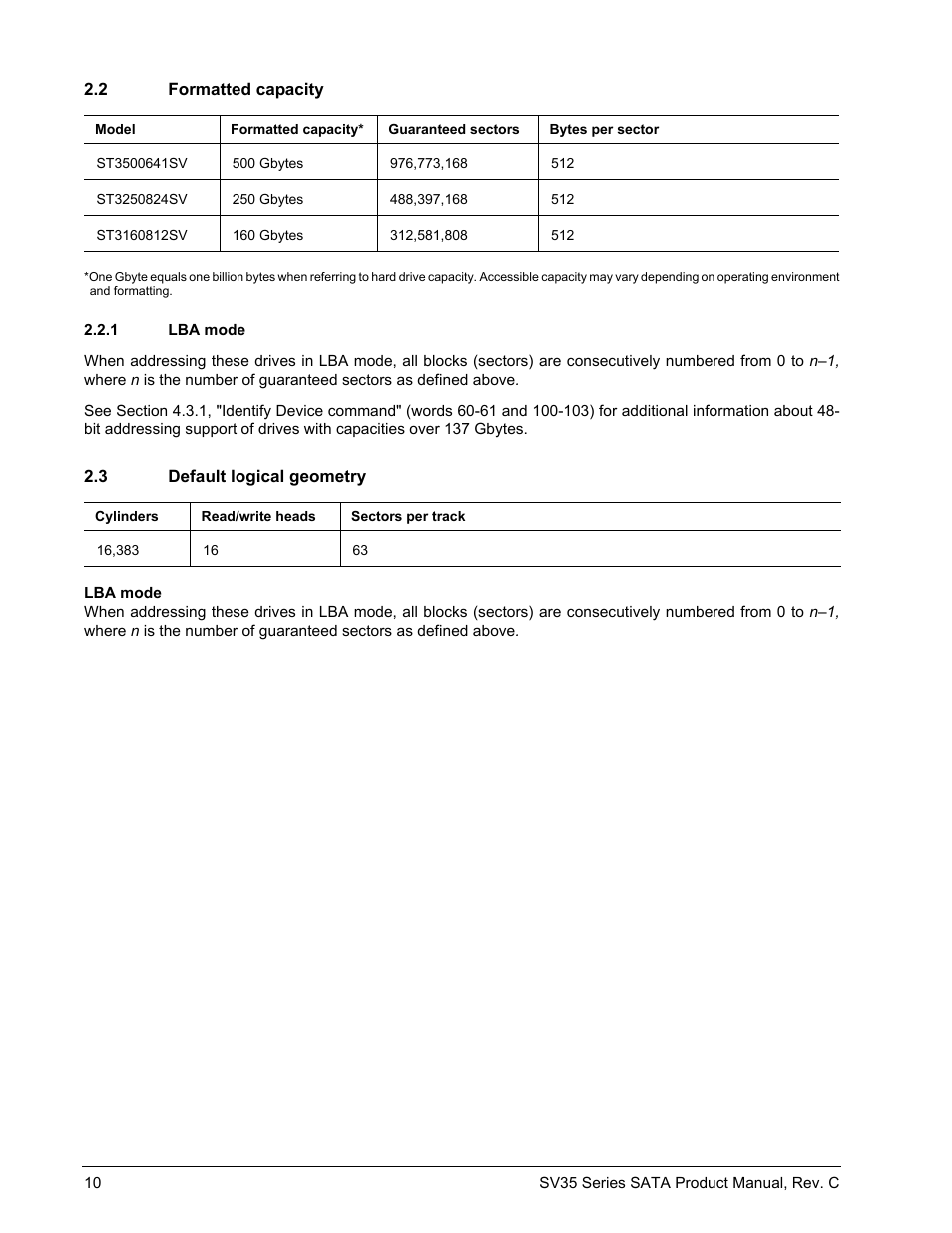 2 formatted capacity, 1 lba mode, 3 default logical geometry | Formatted capacity 2.2.1, Lba mode, Default logical geometry | Seagate SV35 SERIES ST3250824SV User Manual | Page 16 / 62