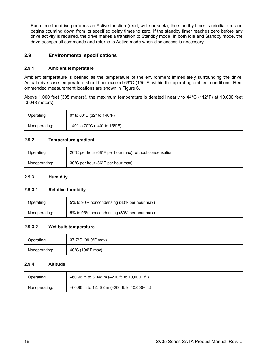 9 environmental specifications, 1 ambient temperature, 2 temperature gradient | 3 humidity, 1 relative humidity, 2 wet bulb temperature, 4 altitude, Environmental specifications 2.9.1, Ambient temperature, Temperature gradient | Seagate SV35 SERIES ST3250824SV User Manual | Page 22 / 62