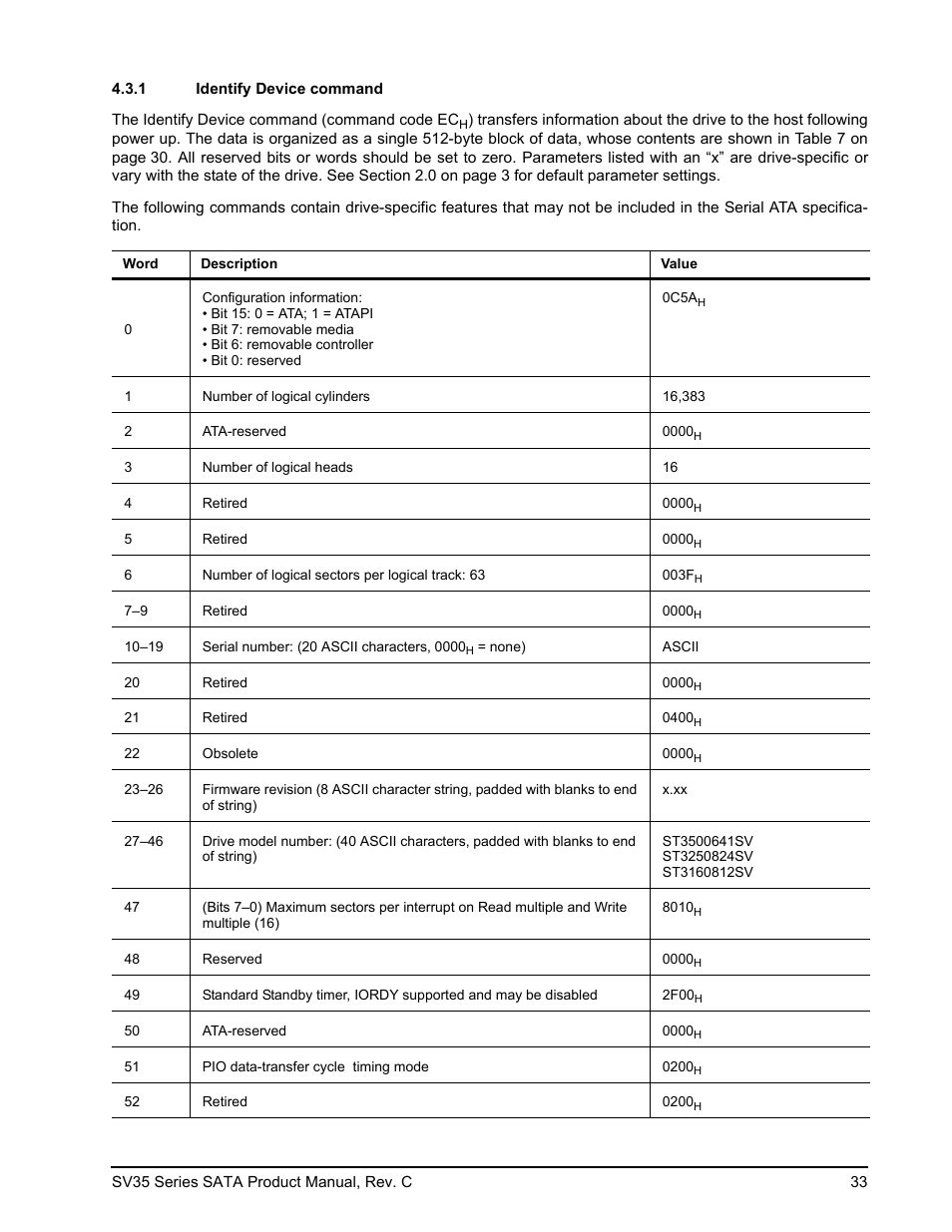 1 identify device command, Identify device command | Seagate SV35 SERIES ST3250824SV User Manual | Page 39 / 62