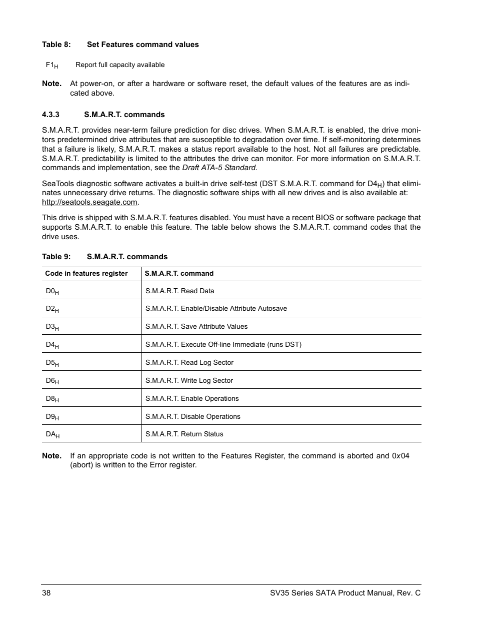 3 s.m.a.r.t. commands, S.m.a.r.t. commands | Seagate SV35 SERIES ST3250824SV User Manual | Page 44 / 62