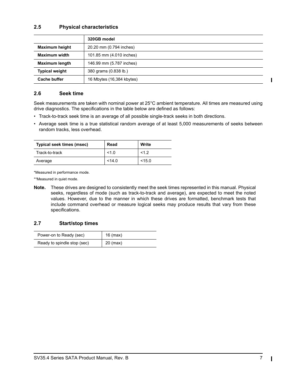5 physical characteristics, 6 seek time, 7 start/stop times | Seagate SV35.4 User Manual | Page 13 / 44