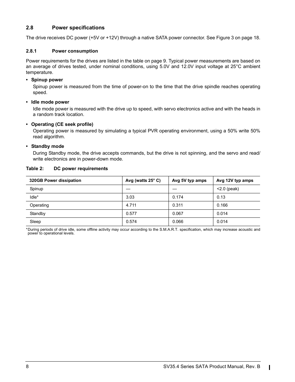 8 power specifications, 1 power consumption | Seagate SV35.4 User Manual | Page 14 / 44