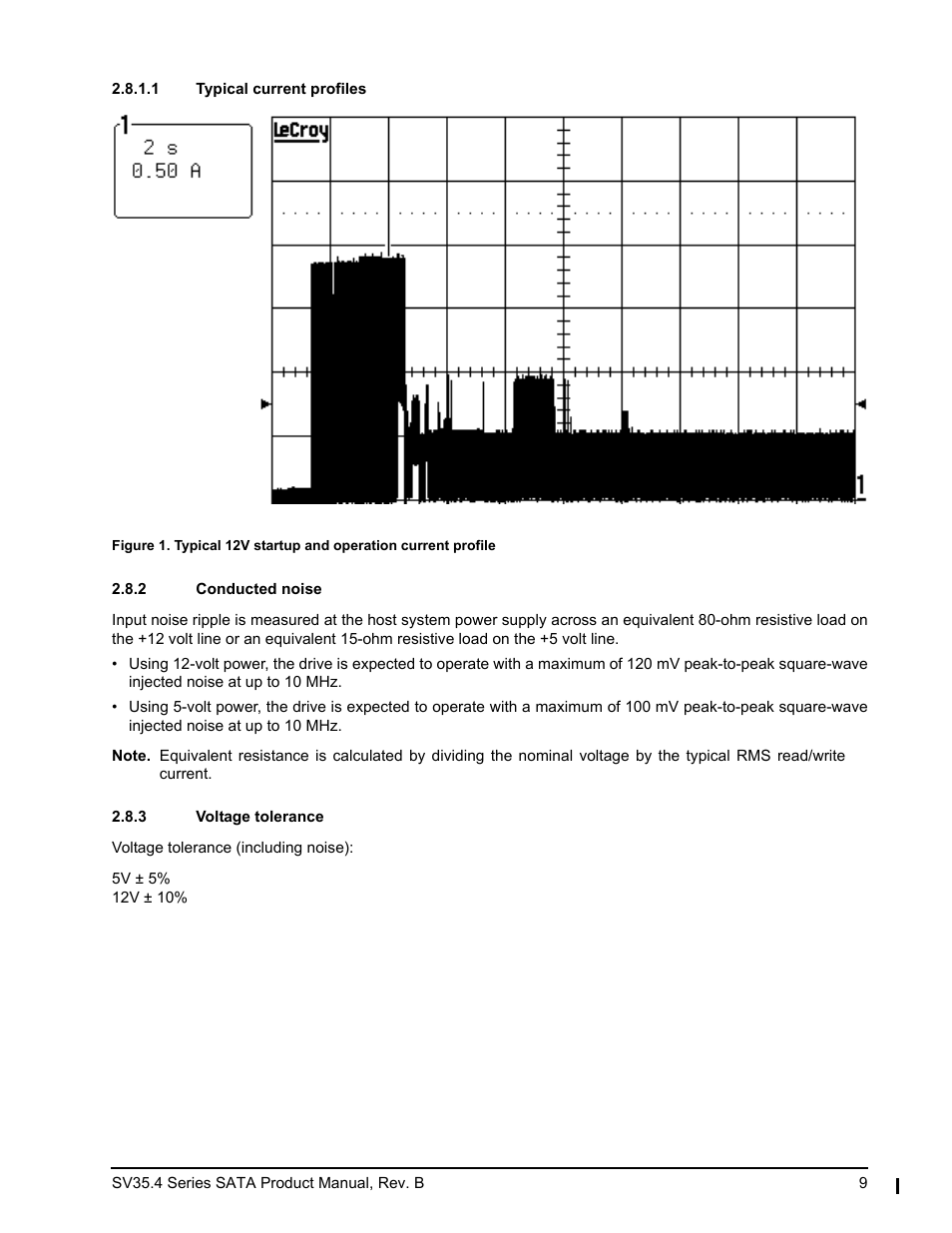 1 typical current profiles, 2 conducted noise, 3 voltage tolerance | Figure 1, Typical 12v startup and operation current profile | Seagate SV35.4 User Manual | Page 15 / 44