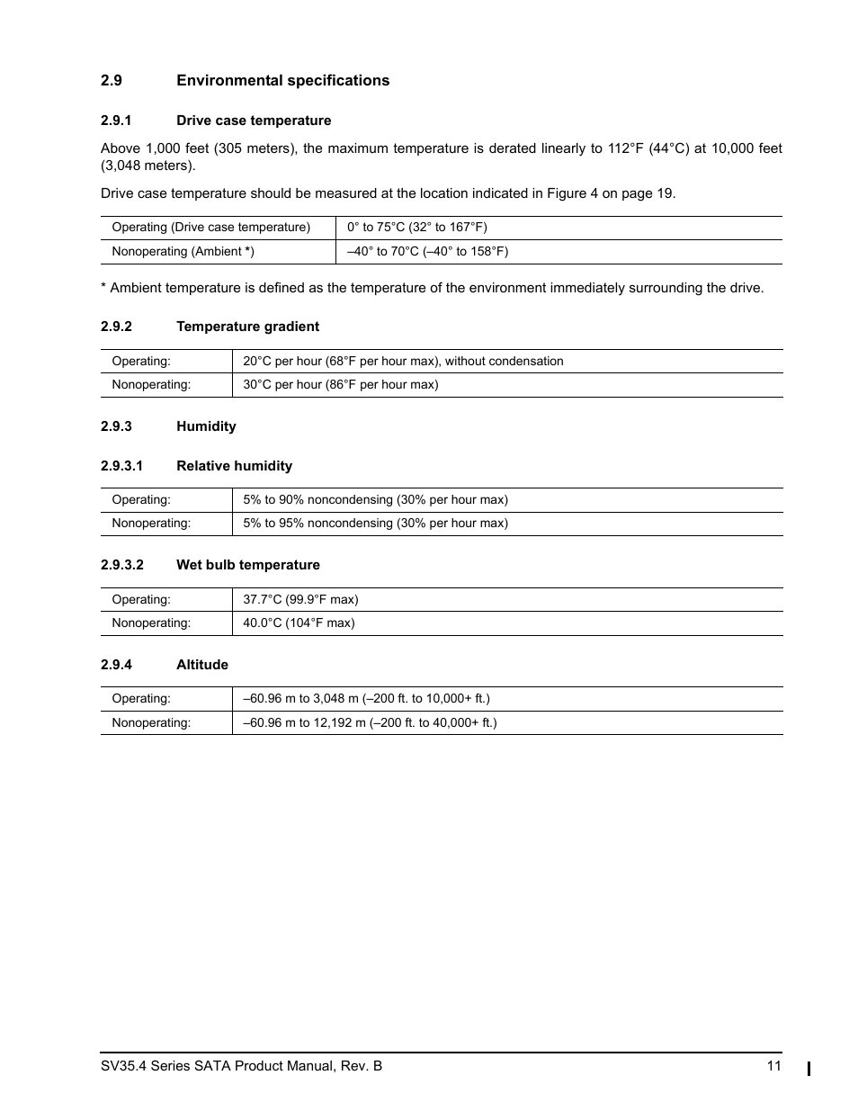 9 environmental specifications, 1 drive case temperature, 2 temperature gradient | 3 humidity, 1 relative humidity, 2 wet bulb temperature, 4 altitude | Seagate SV35.4 User Manual | Page 17 / 44