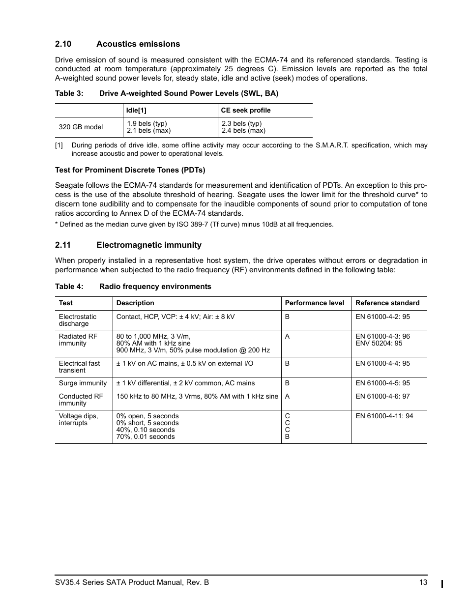 10 acoustics emissions, 11 electromagnetic immunity | Seagate SV35.4 User Manual | Page 19 / 44