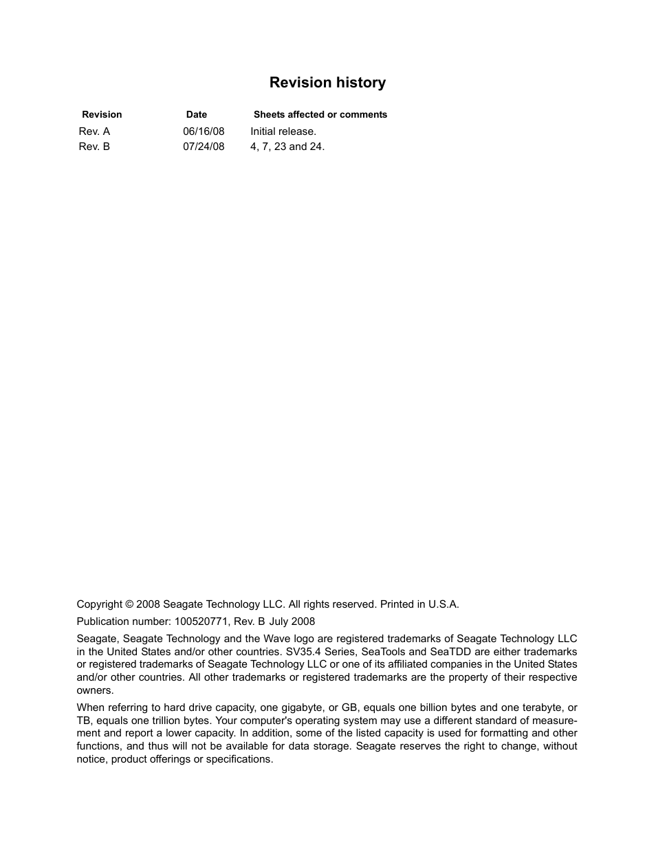 Revision history | Seagate SV35.4 User Manual | Page 2 / 44