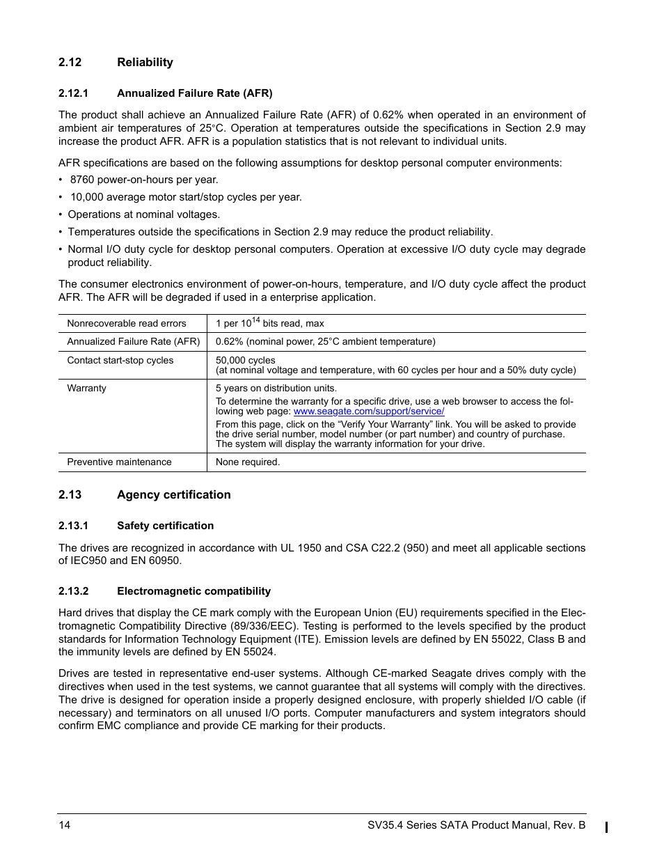 12 reliability, 1 annualized failure rate (afr), 13 agency certification | 1 safety certification, 2 electromagnetic compatibility | Seagate SV35.4 User Manual | Page 20 / 44