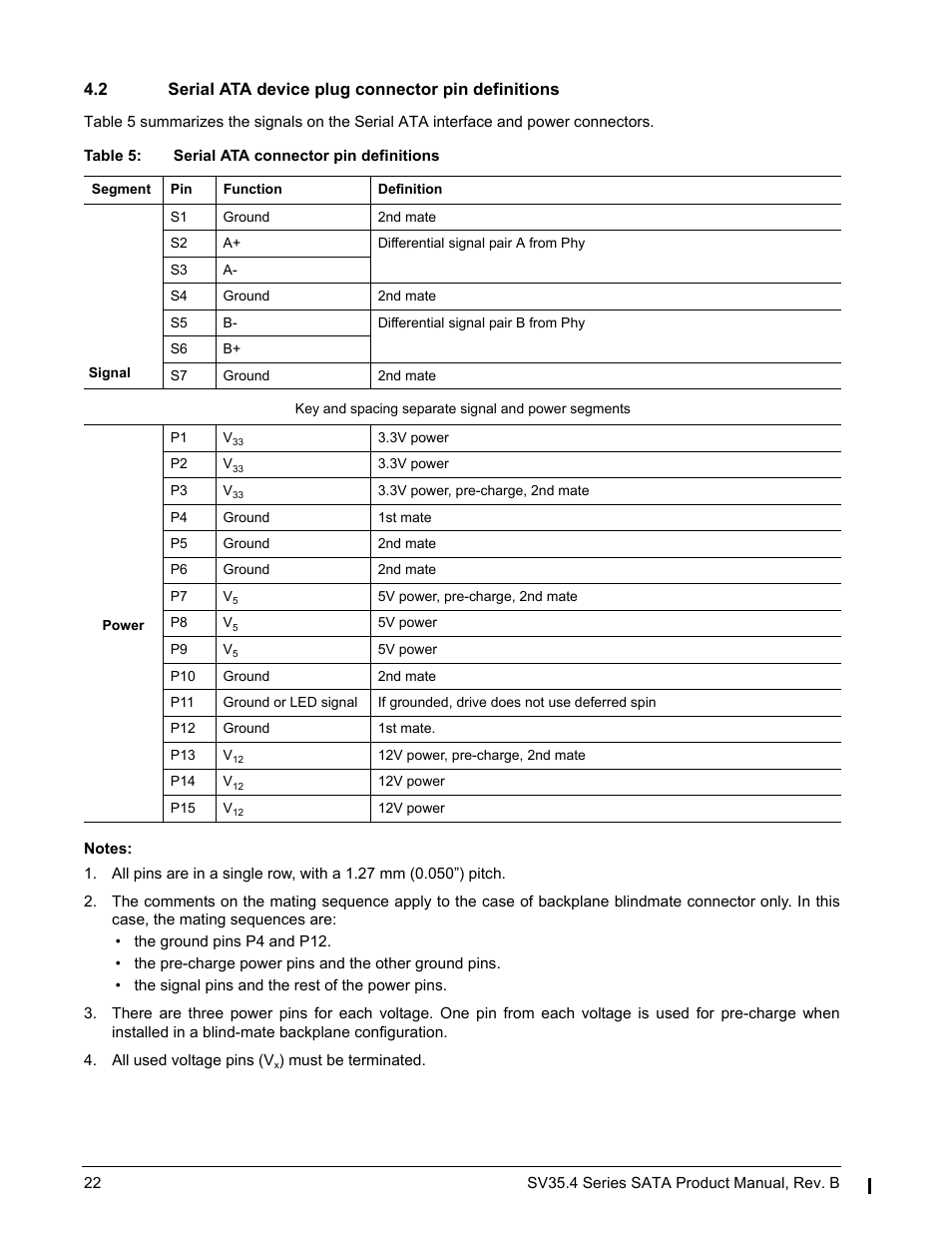 2 serial ata device plug connector pin definitions, Table 5 | Seagate SV35.4 User Manual | Page 28 / 44