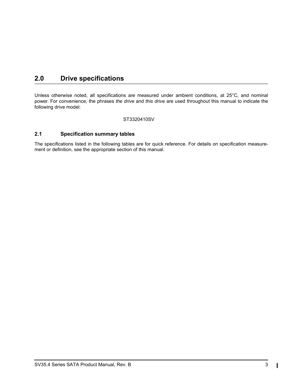 0 drive specifications, 1 specification summary tables | Seagate SV35.4 User Manual | Page 9 / 44