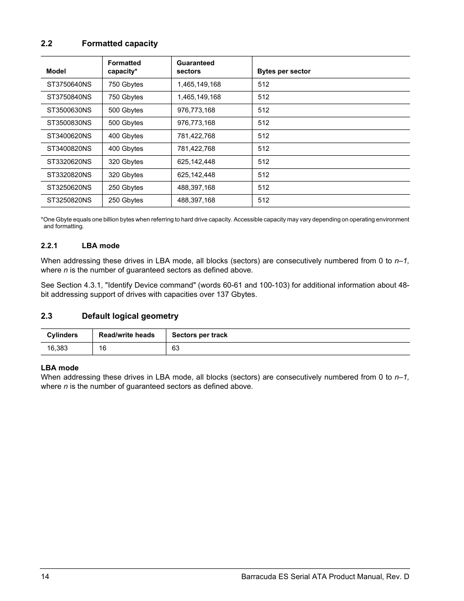 2 formatted capacity, 1 lba mode, 3 default logical geometry | Formatted capacity 2.2.1, Lba mode, Default logical geometry | Seagate BARRACUDA ES SERIAL ATA ST3750640NS User Manual | Page 20 / 54