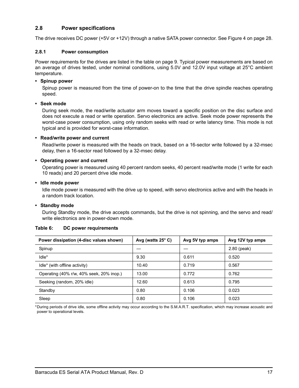 8 power specifications, 1 power consumption, Power specifications 2.8.1 | Power consumption | Seagate BARRACUDA ES SERIAL ATA ST3750640NS User Manual | Page 23 / 54