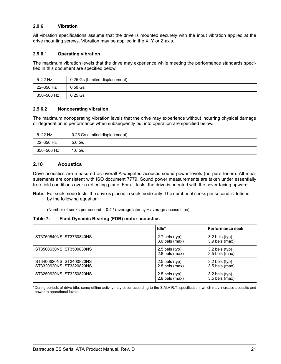 6 vibration, 1 operating vibration, 2 nonoperating vibration | 10 acoustics, Vibration, Acoustics | Seagate BARRACUDA ES SERIAL ATA ST3750640NS User Manual | Page 27 / 54