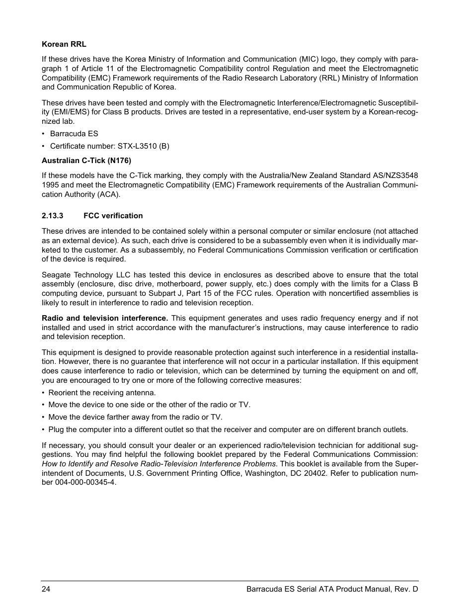 3 fcc verification, Fcc verification | Seagate BARRACUDA ES SERIAL ATA ST3750640NS User Manual | Page 30 / 54