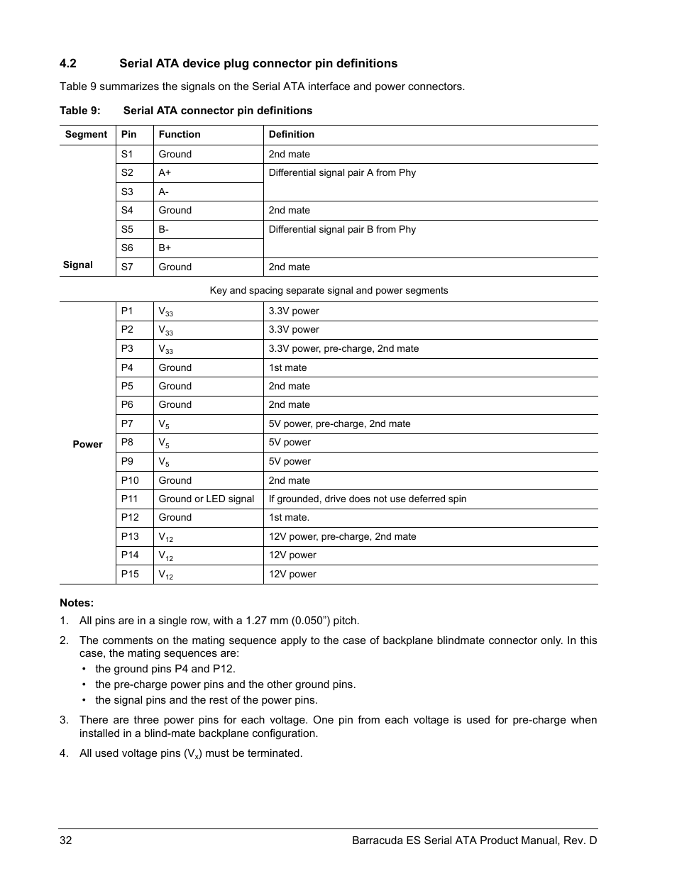 2 serial ata device plug connector pin definitions, Serial ata device plug connector pin definitions, Table 9 | Seagate BARRACUDA ES SERIAL ATA ST3750640NS User Manual | Page 38 / 54