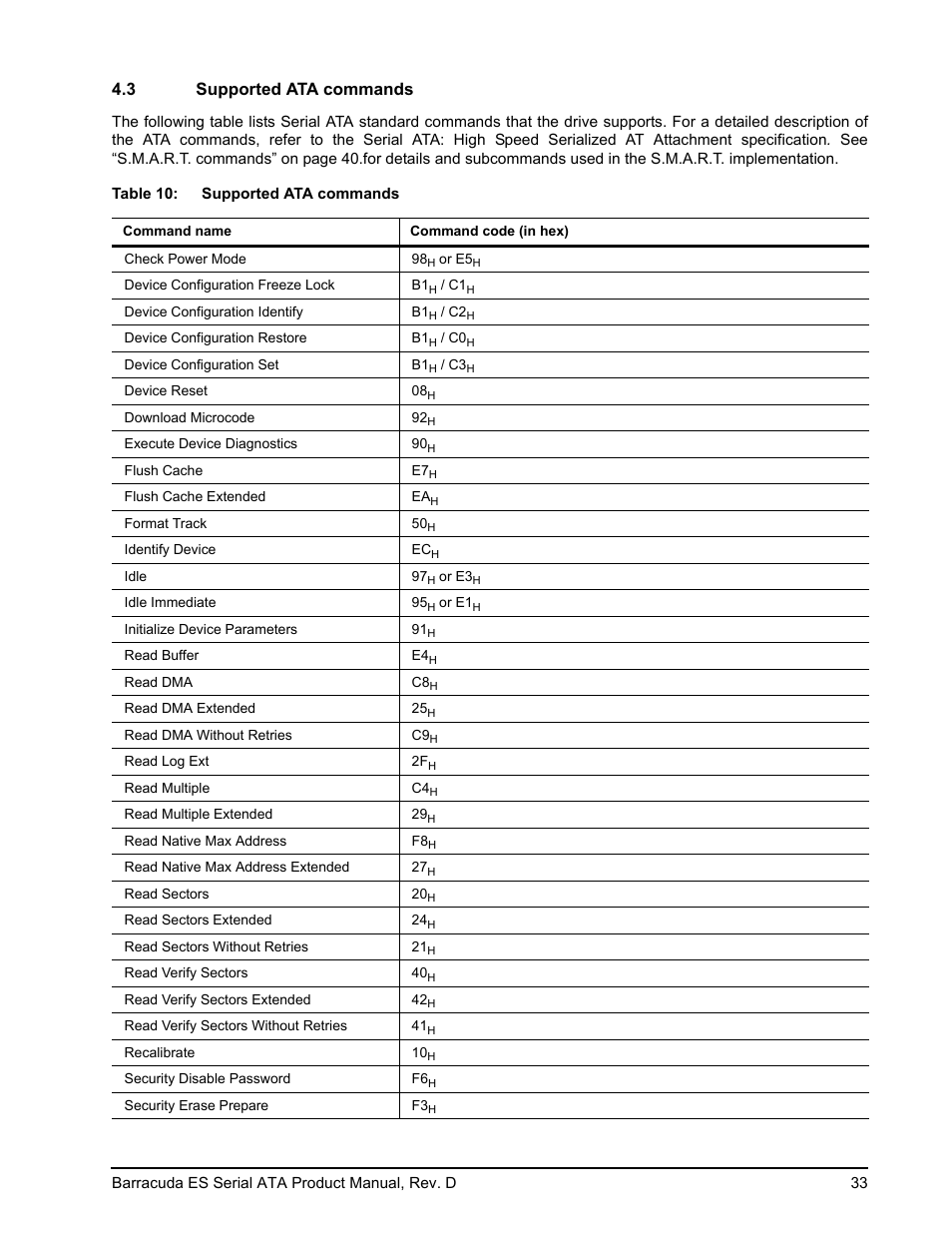 3 supported ata commands, Supported ata commands | Seagate BARRACUDA ES SERIAL ATA ST3750640NS User Manual | Page 39 / 54