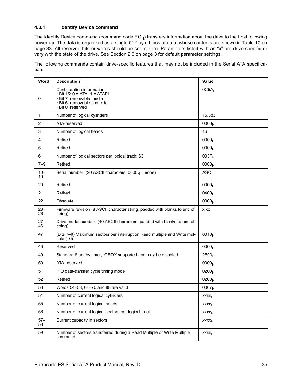 1 identify device command, Identify device command | Seagate BARRACUDA ES SERIAL ATA ST3750640NS User Manual | Page 41 / 54