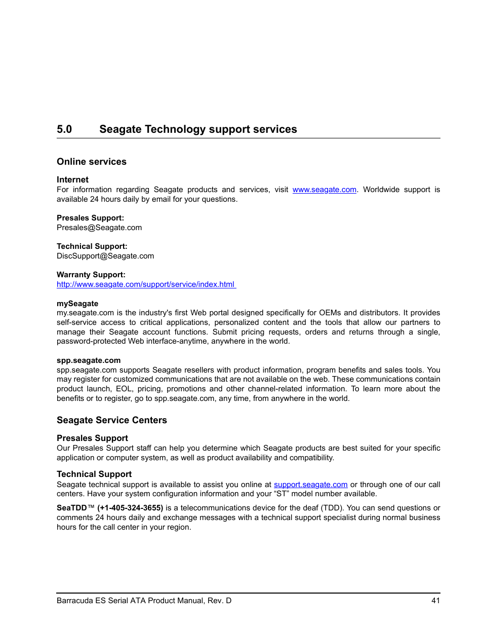 0 seagate technology support services, Seagate technology support services | Seagate BARRACUDA ES SERIAL ATA ST3750640NS User Manual | Page 47 / 54