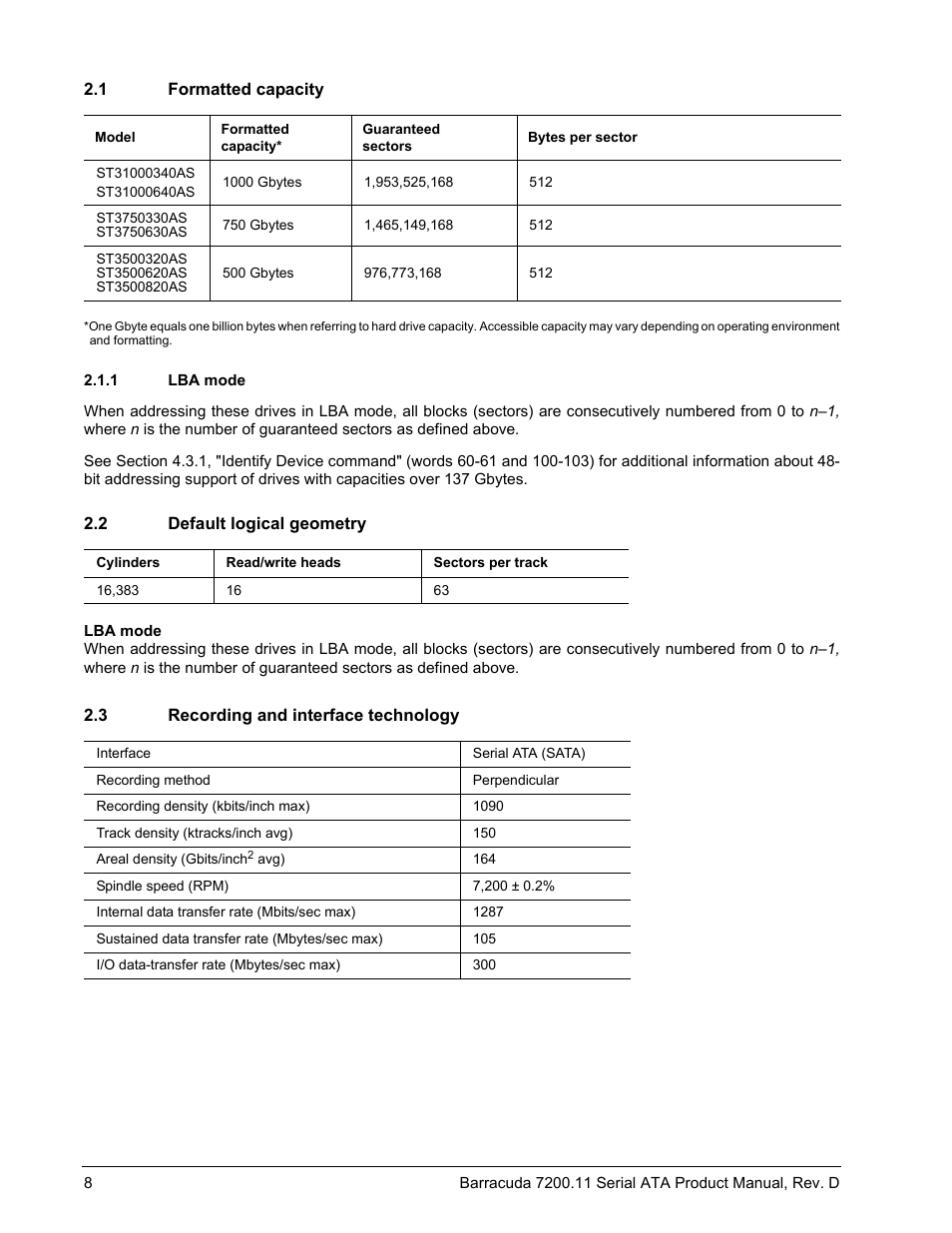 1 formatted capacity, 1 lba mode, 2 default logical geometry | 3 recording and interface technology | Seagate BARRACUDA ST3750630AS User Manual | Page 14 / 46