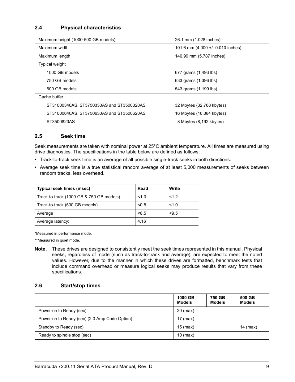 4 physical characteristics, 5 seek time, 6 start/stop times | Seagate BARRACUDA ST3750630AS User Manual | Page 15 / 46