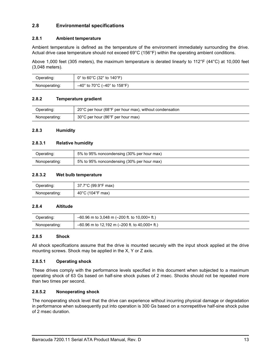 8 environmental specifications, 1 ambient temperature, 2 temperature gradient | 3 humidity, 1 relative humidity, 2 wet bulb temperature, 4 altitude, 5 shock, 1 operating shock, 2 nonoperating shock | Seagate BARRACUDA ST3750630AS User Manual | Page 19 / 46