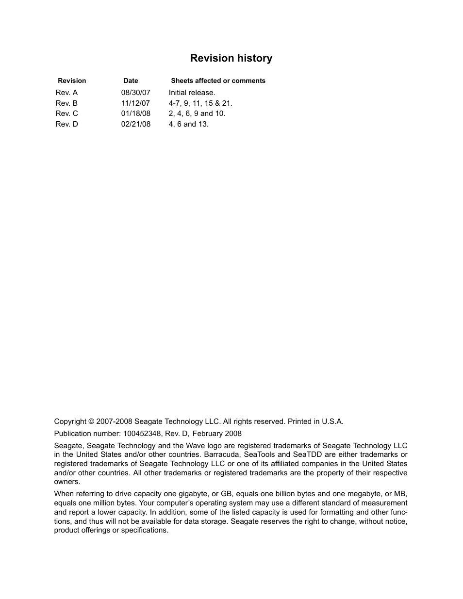 Revision history | Seagate BARRACUDA ST3750630AS User Manual | Page 2 / 46