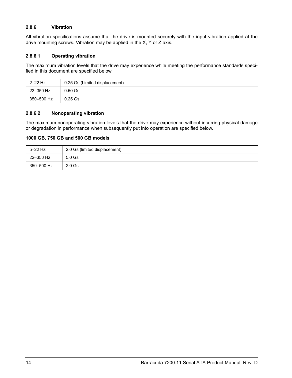 6 vibration, 1 operating vibration, 2 nonoperating vibration | Seagate BARRACUDA ST3750630AS User Manual | Page 20 / 46