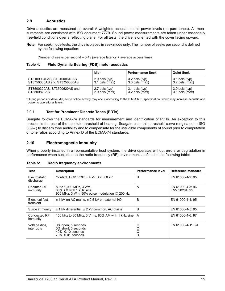 9 acoustics, 1 test for prominent discrete tones (pdts), 10 electromagnetic immunity | Seagate BARRACUDA ST3750630AS User Manual | Page 21 / 46