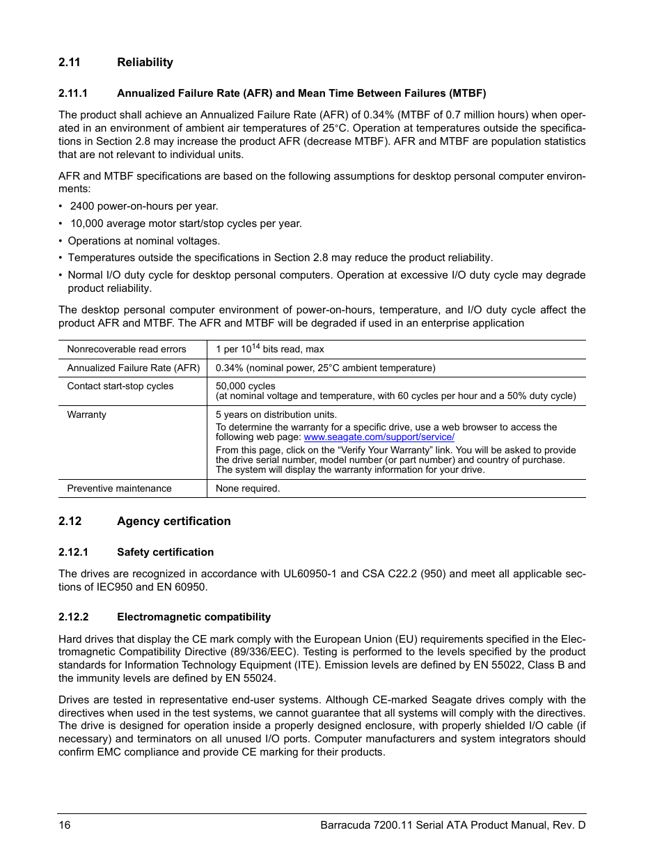 11 reliability, 12 agency certification, 1 safety certification | 2 electromagnetic compatibility | Seagate BARRACUDA ST3750630AS User Manual | Page 22 / 46