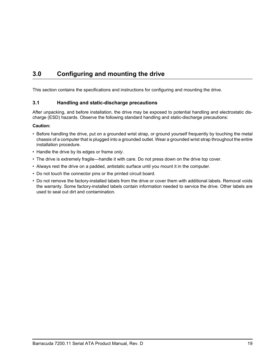 0 configuring and mounting the drive, 1 handling and static-discharge precautions | Seagate BARRACUDA ST3750630AS User Manual | Page 25 / 46