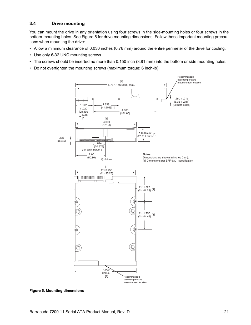 4 drive mounting, Mounting dimensions, Figure 5. mounting dimensions | Seagate BARRACUDA ST3750630AS User Manual | Page 27 / 46