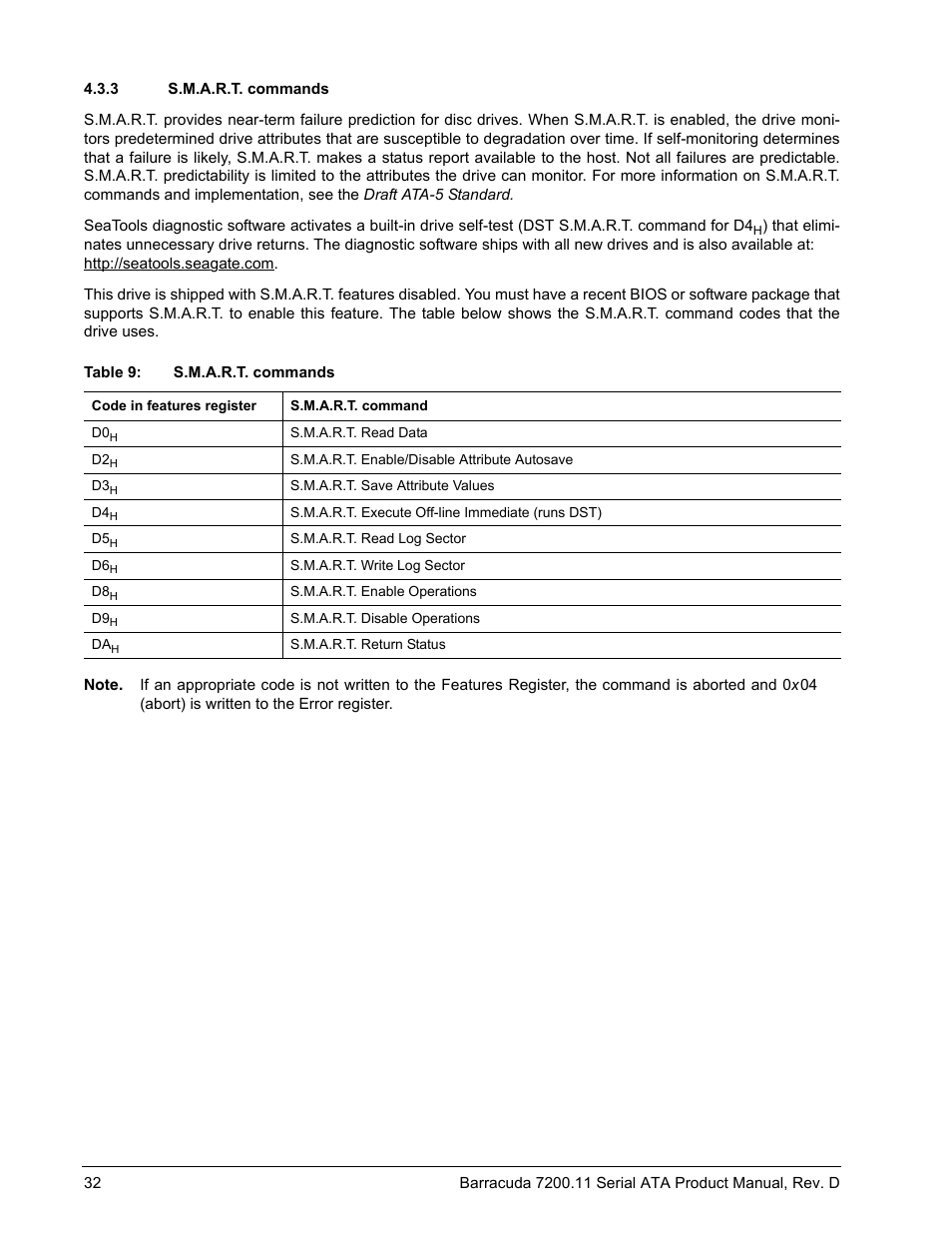 3 s.m.a.r.t. commands | Seagate BARRACUDA ST3750630AS User Manual | Page 38 / 46