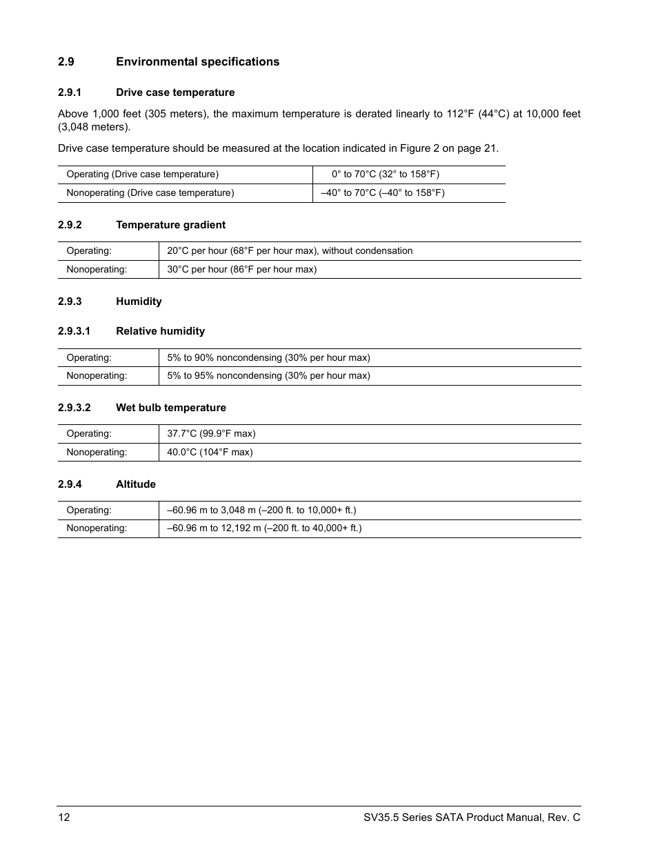 9 environmental specifications, 1 drive case temperature, 2 temperature gradient | 3 humidity, 1 relative humidity, 2 wet bulb temperature, 4 altitude, Environmental specifications 2.9.1, Drive case temperature, Temperature gradient | Seagate SV35.5 SERIES SATA ST31000525SV User Manual | Page 18 / 46