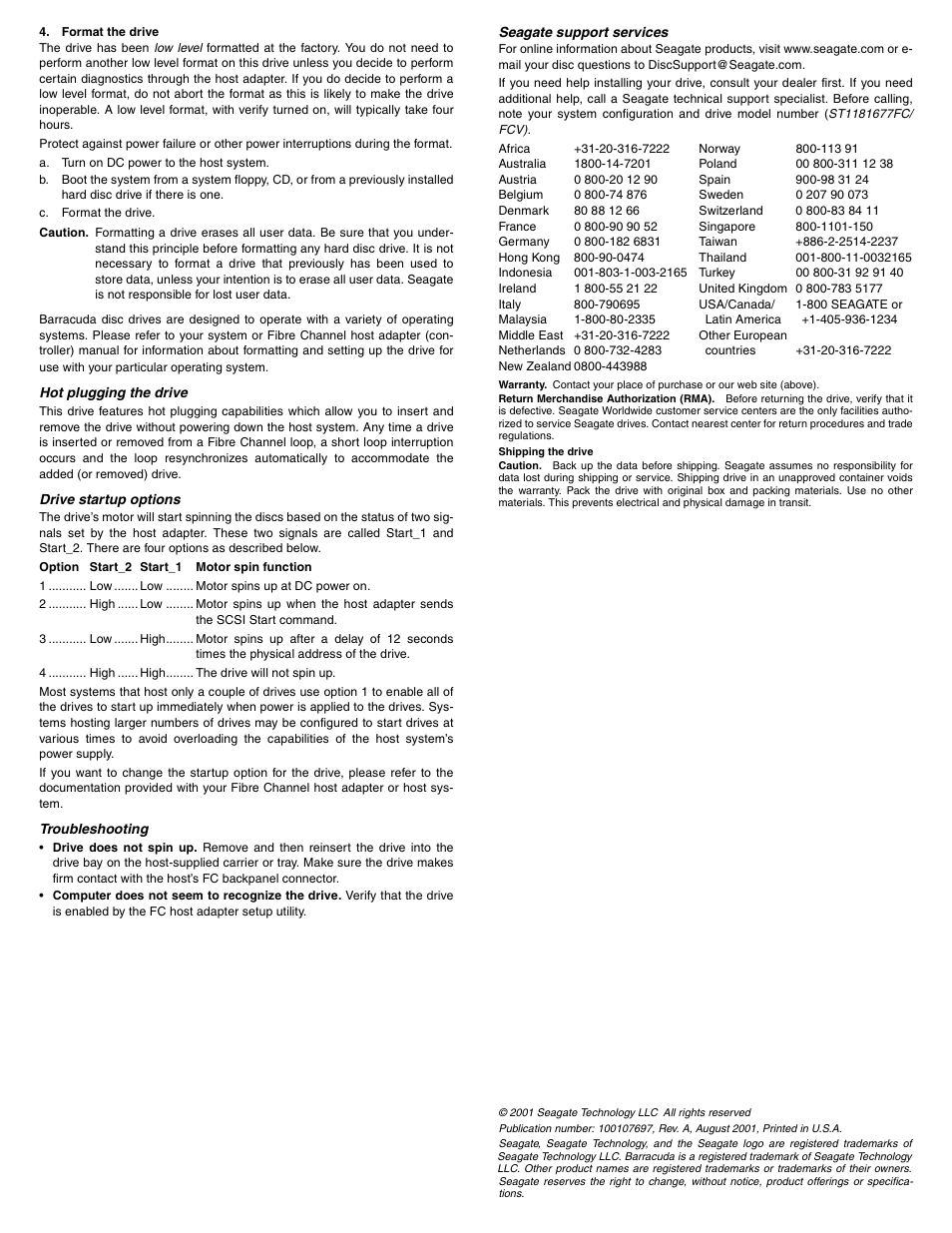 Hot plugging the drive, Drive startup options, Troubleshooting | Seagate support services | Seagate Barracuda ST1181677FCV User Manual | Page 2 / 2