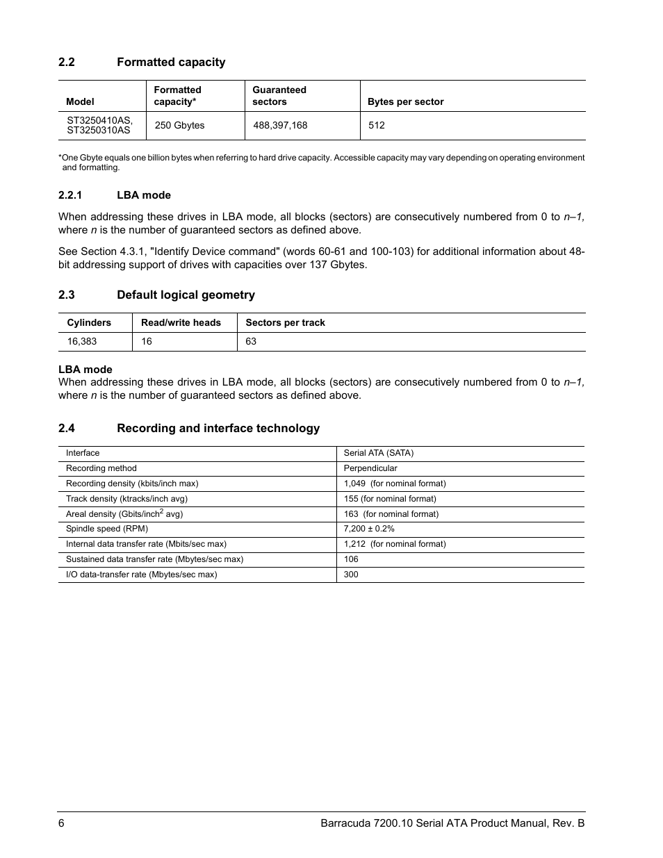 2 formatted capacity, 1 lba mode, 3 default logical geometry | 4 recording and interface technology, Formatted capacity 2.2.1, Lba mode, Default logical geometry, Recording and interface technology | Seagate BARRACUDA 7200.10 SERIAL ATA ST3250310AS User Manual | Page 12 / 44