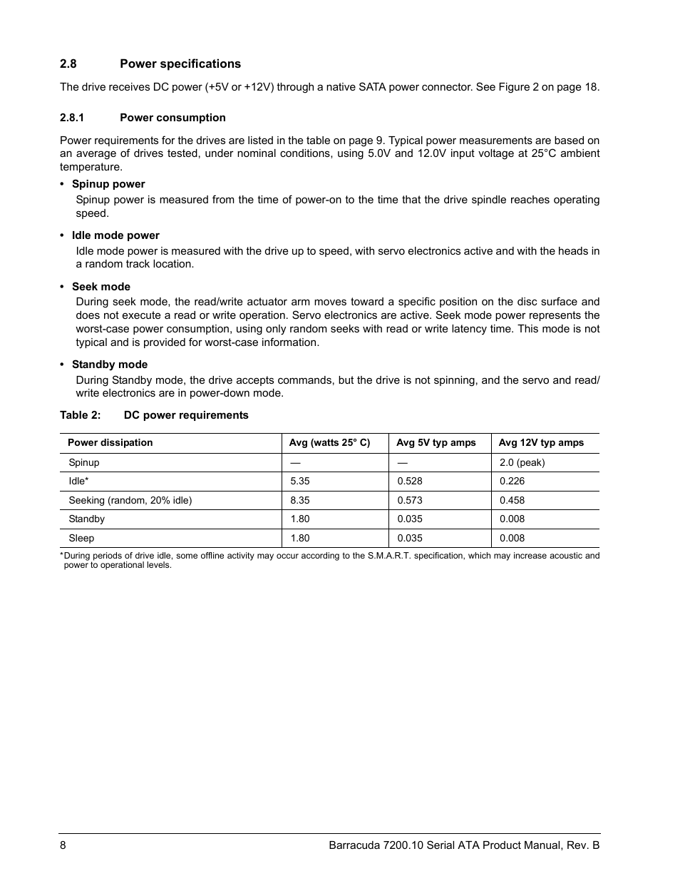 8 power specifications, 1 power consumption, Power specifications 2.8.1 | Power consumption | Seagate BARRACUDA 7200.10 SERIAL ATA ST3250310AS User Manual | Page 14 / 44