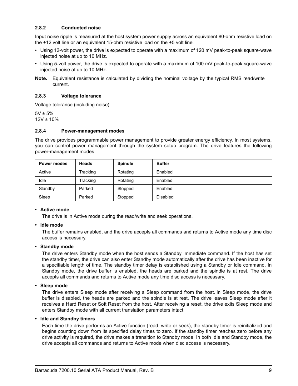 2 conducted noise, 3 voltage tolerance, 4 power-management modes | Conducted noise, Voltage tolerance, Power-management modes | Seagate BARRACUDA 7200.10 SERIAL ATA ST3250310AS User Manual | Page 15 / 44