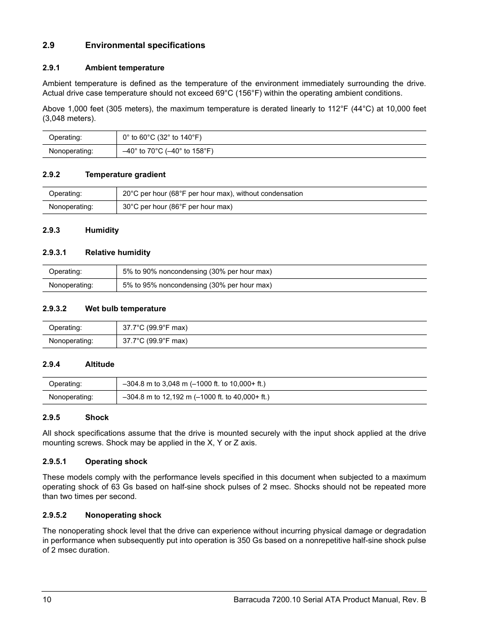 9 environmental specifications, 1 ambient temperature, 2 temperature gradient | 3 humidity, 1 relative humidity, 2 wet bulb temperature, 4 altitude, 5 shock, 1 operating shock, 2 nonoperating shock | Seagate BARRACUDA 7200.10 SERIAL ATA ST3250310AS User Manual | Page 16 / 44