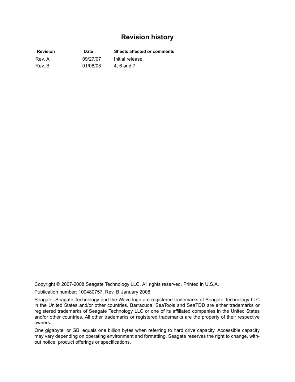 Revision history | Seagate BARRACUDA 7200.10 SERIAL ATA ST3250310AS User Manual | Page 2 / 44