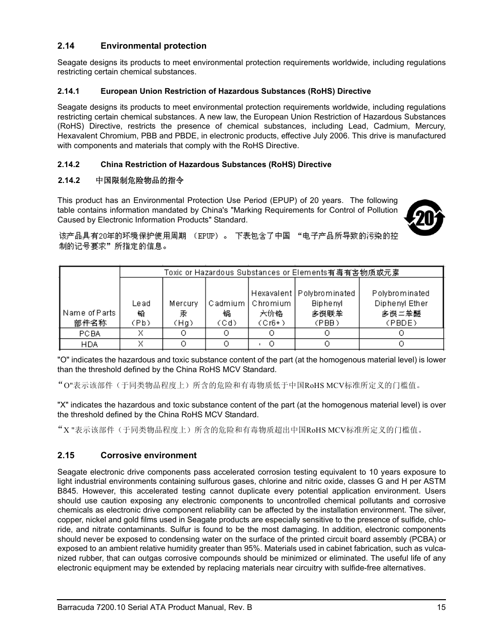 14 environmental protection, 15 corrosive environment, Environmental protection 2.14.1 | Corrosive environment | Seagate BARRACUDA 7200.10 SERIAL ATA ST3250310AS User Manual | Page 21 / 44