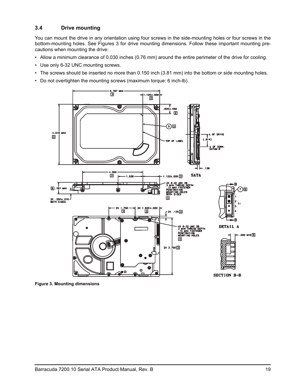 4 drive mounting, Drive mounting, Mounting dimensions | Seagate BARRACUDA 7200.10 SERIAL ATA ST3250310AS User Manual | Page 25 / 44