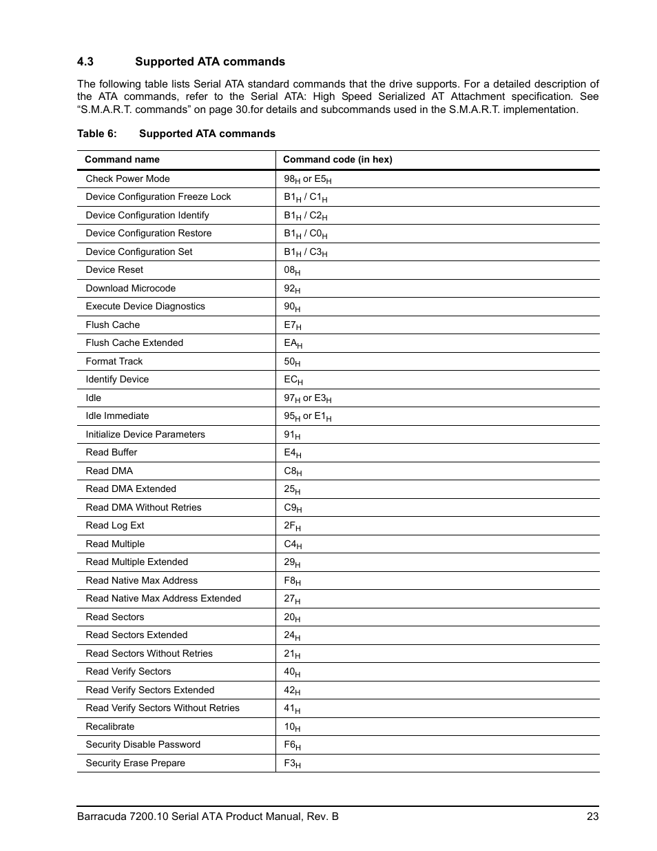 3 supported ata commands, Supported ata commands | Seagate BARRACUDA 7200.10 SERIAL ATA ST3250310AS User Manual | Page 29 / 44