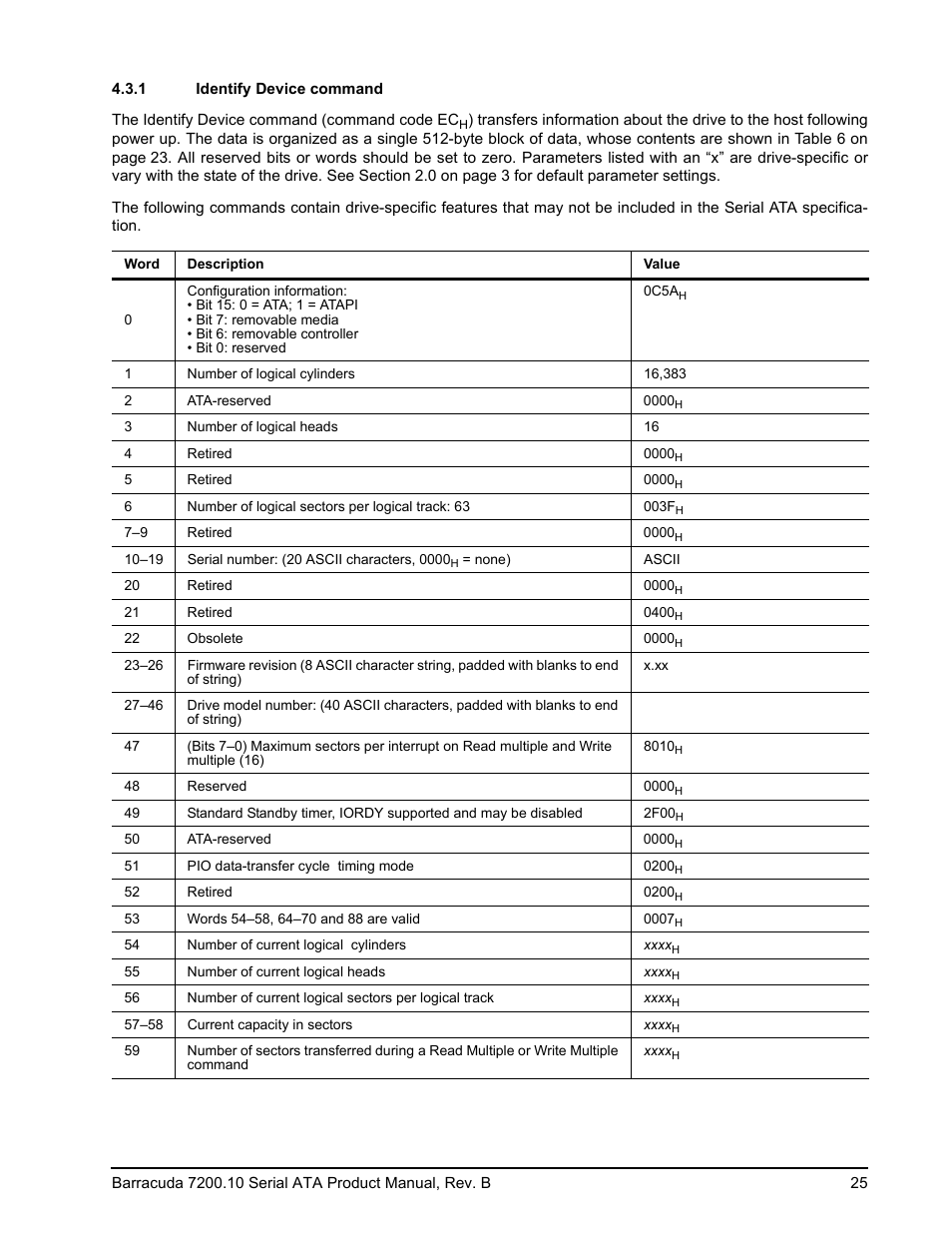 1 identify device command, Identify device command | Seagate BARRACUDA 7200.10 SERIAL ATA ST3250310AS User Manual | Page 31 / 44