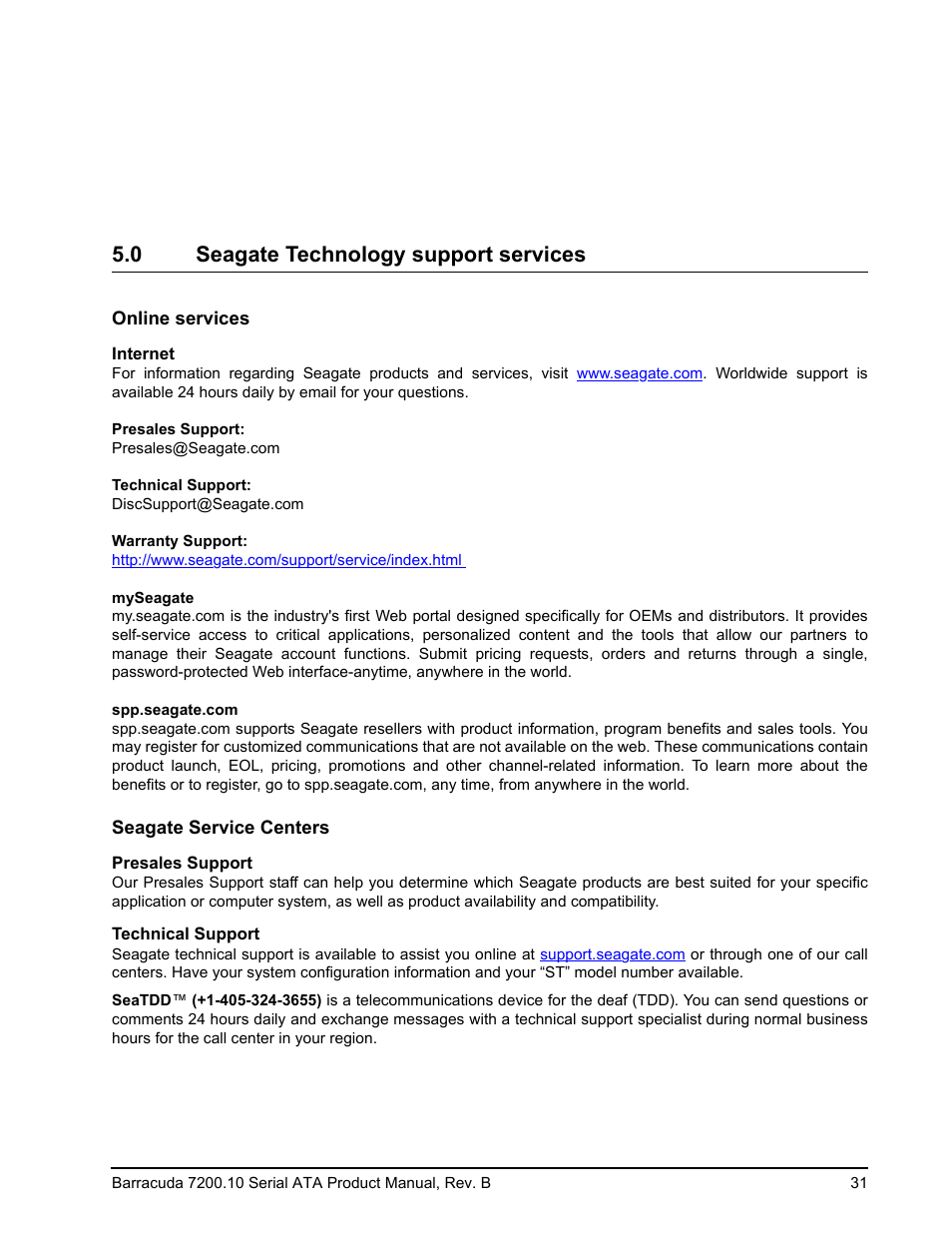 0 seagate technology support services, Seagate technology support services | Seagate BARRACUDA 7200.10 SERIAL ATA ST3250310AS User Manual | Page 37 / 44