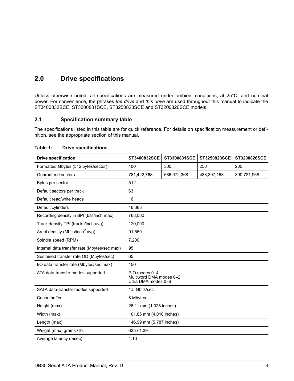 0 drive specifications, 1 specification summary table | Seagate DB35 Serial ATA ST3300831SCE User Manual | Page 11 / 50