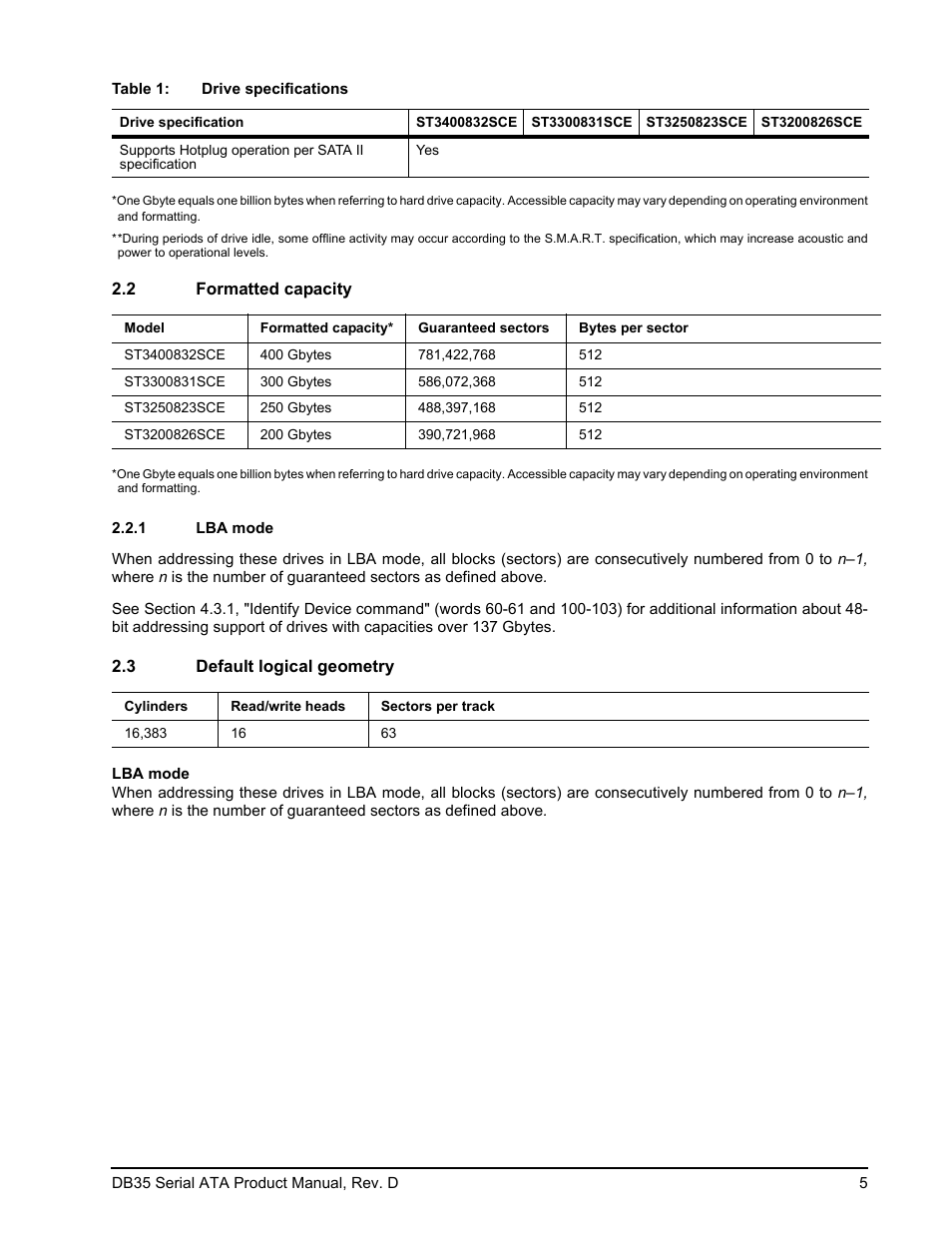 2 formatted capacity, 1 lba mode, 3 default logical geometry | Seagate DB35 Serial ATA ST3300831SCE User Manual | Page 13 / 50