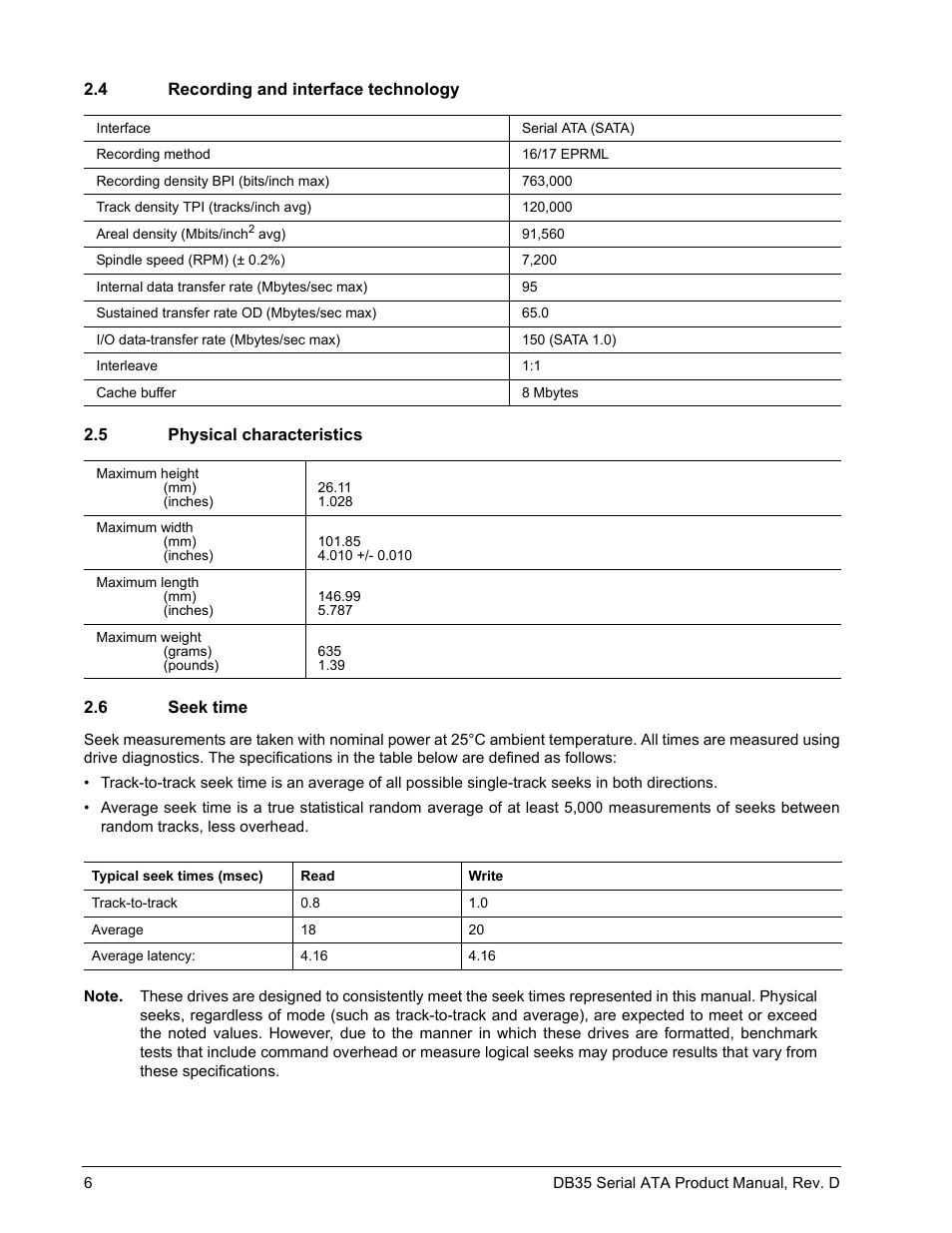 4 recording and interface technology, 5 physical characteristics, 6 seek time | Seagate DB35 Serial ATA ST3300831SCE User Manual | Page 14 / 50