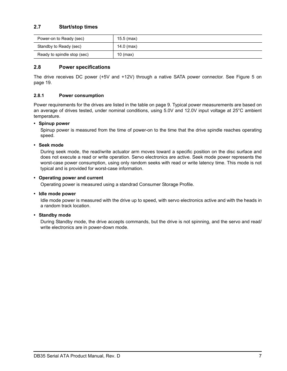 7 start/stop times, 8 power specifications, 1 power consumption | Seagate DB35 Serial ATA ST3300831SCE User Manual | Page 15 / 50