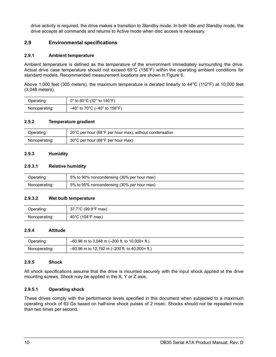 9 environmental specifications, 1 ambient temperature, 2 temperature gradient | 3 humidity, 1 relative humidity, 2 wet bulb temperature, 4 altitude, 5 shock, 1 operating shock | Seagate DB35 Serial ATA ST3300831SCE User Manual | Page 18 / 50